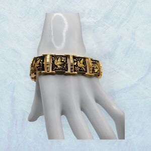 Vintage Damascene Flower and Bird Scenery Costume Statement Bracelet Jewelry